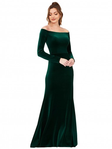 Mangas Compridas Fora do Ombro Veludo Elástico Verde Escuro Comprimento Chão Vestidos de Madrinha / Vestidos de Noite / Vestidos de Festa Mais Barato