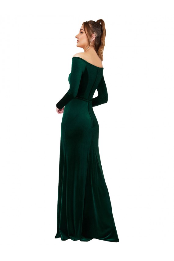 Mangas Compridas Fora do Ombro Veludo Elástico Verde Escuro Comprimento Chão Vestidos de Madrinha / Vestidos de Noite / Vestidos de Festa Mais Barato