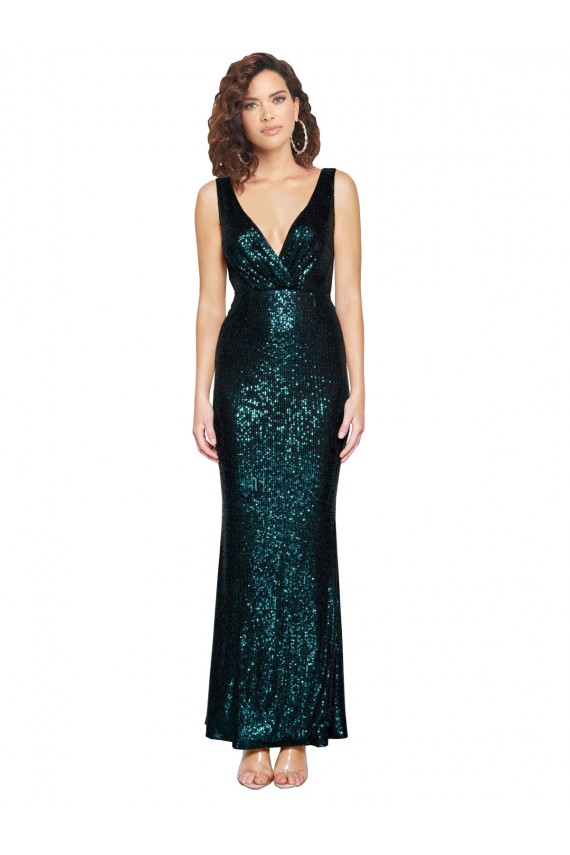 Sem Mangas Decote V Lantejoulas Verde Escuro Comprimento Chão Longo Vestidos de Madrinha / Vestidos de Noite / Vestidos de Festa Mais Barato