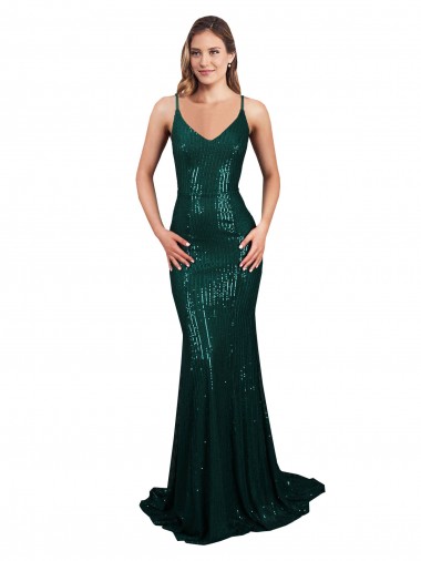 Sem Mangas Decote V Lantejoulas Verde Escuro Comprimento Chão Sereia Vestidos de Madrinha / Vestidos de Noite / Vestidos de Festa Mais Barato