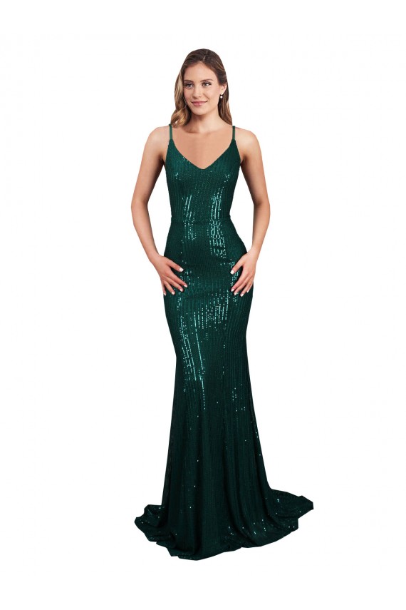 Sem Mangas Decote V Lantejoulas Verde Escuro Comprimento Chão Sereia Vestidos de Madrinha / Vestidos de Noite / Vestidos de Festa Mais Barato