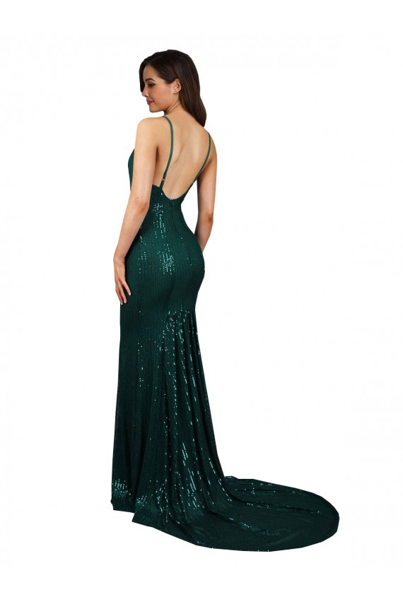 Sem Mangas Decote V Lantejoulas Verde Escuro Comprimento Chão Sereia Vestidos de Madrinha / Vestidos de Noite / Vestidos de Festa Mais Barato