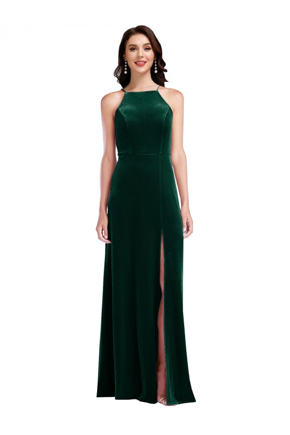 Sem Mangas Decote Alto Veludo Elástico Verde Escuro Comprimento Chão Vestidos de Madrinha / Vestidos de Festa Mais Barato