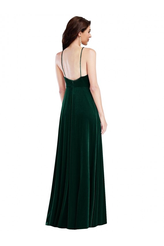 Sem Mangas Decote Alto Veludo Elástico Verde Escuro Comprimento Chão Vestidos de Madrinha / Vestidos de Festa Mais Barato