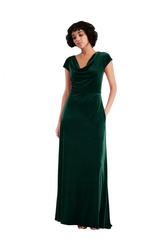 Mangas Curtas Decote Capuz Veludo Elástico Verde Escuro Comprimento Chão Vestidos de Madrinha / Vestidos de Festa Mais Barato