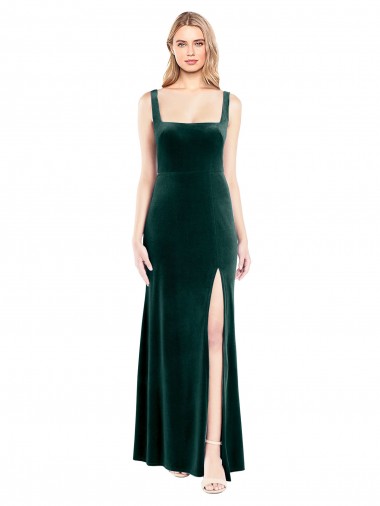 Sem Mangas Decote Quadrado Veludo Elástico Verde Escuro Comprimento Chão Vestidos de Madrinha / Vestidos de Festa Mais Barato