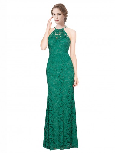 Sem Mangas Decote Alto Renda Verde Escuro Comprimento Chão Vestidos de Madrinha / Vestidos de Festa Mais Barato