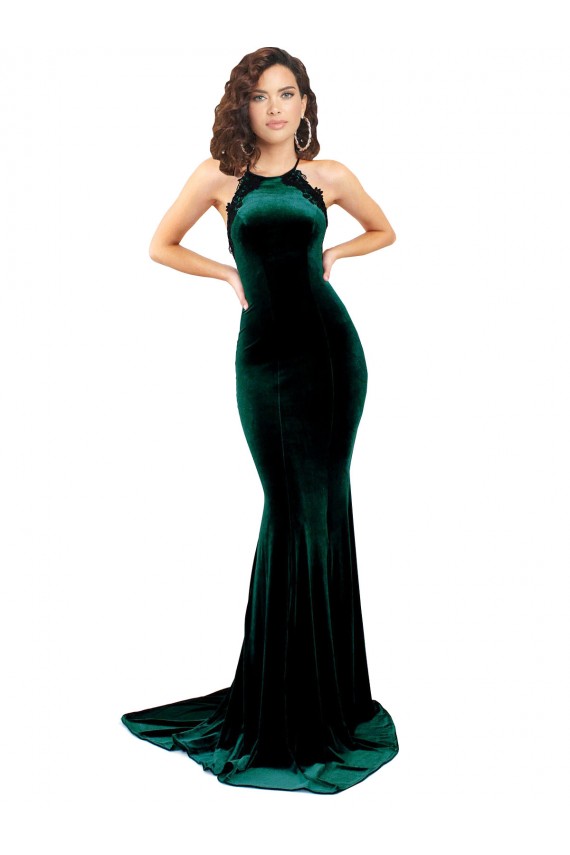 Sem Mangas Decote Alto Veludo Elástico Verde Escuro Comboio Varredela Vestidos de Madrinha / Vestidos de Noite / Vestidos de Festa Mais Barato