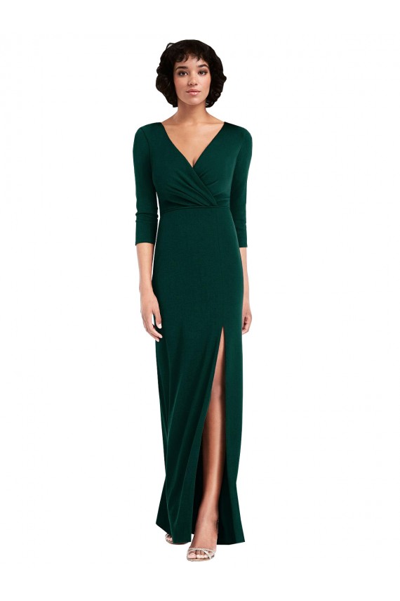 Mangas 3/4 Decote V Spandex Verde Escuro Comprimento Chão Vestidos de Madrinha / Vestidos de Noite / Vestidos de Festa Mais Barato
