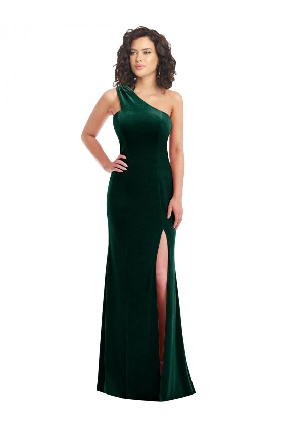 Sem Mangas Um Ombro Veludo Elástico Verde Escuro Comprimento Chão Vestidos de Madrinha / Vestidos de Festa Mais Barato
