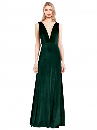 Sem Mangas Decote V Veludo Elástico Verde Escuro Comprimento Chão Vestidos de Madrinha / Vestidos de Noite Mais Barato