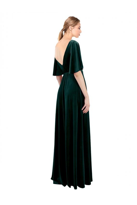 Mangas Esvoaçantes Decote V Veludo Elástico Verde Escuro Comprimento Chão Vestidos de Madrinha / Vestidos de Festa Mais Barato