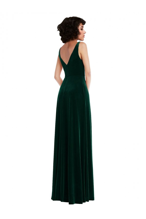 Sem Mangas Decote V Veludo Elástico Verde Escuro Comprimento Chão Vestidos de Madrinha / Vestidos de Festa Mais Barato