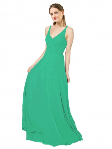Sem Mangas Decote V Chiffon Verde Esmeralda Comprimento Chão Vestidos de Madrinha Mais Barato