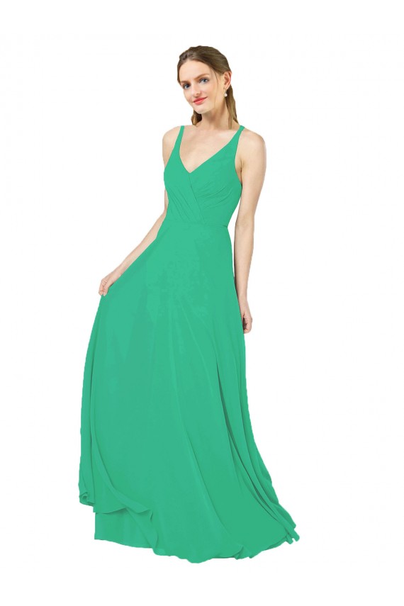 Sem Mangas Decote V Chiffon Verde Esmeralda Comprimento Chão Vestidos de Madrinha Mais Barato