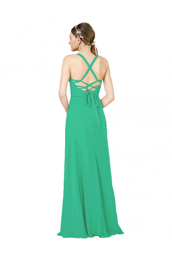 Sem Mangas Decote V Chiffon Verde Esmeralda Comprimento Chão Vestidos de Madrinha Mais Barato