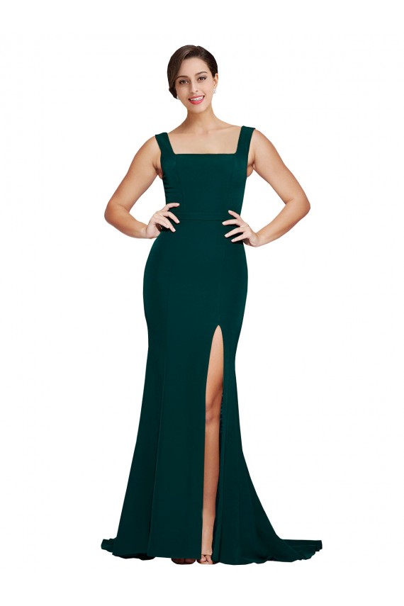 Sem Mangas Decote Quadrado Crepe Esticado Verde Meia-Noite Comboio Varredela Vestidos de Madrinha / Vestidos de Festa Mais Barato