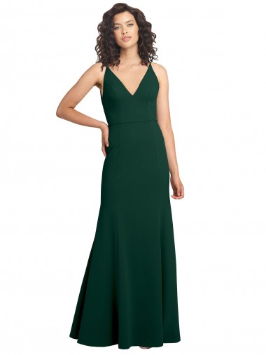 Sem Mangas Decote V Crepe Esticado Verde Meia-Noite Comprimento Chão Linha A Longo Vestidos de Madrinha / Vestidos de Noite / Vestidos de Festa Mais Barato