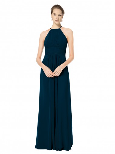 Sem Mangas Cabeçada Chiffon Verde Meia-Noite Comprimento Chão Vestidos de Madrinha Mais Barato