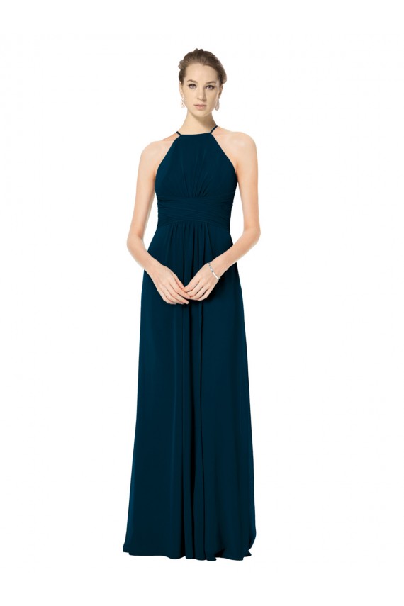 Sem Mangas Cabeçada Chiffon Verde Meia-Noite Comprimento Chão Vestidos de Madrinha Mais Barato