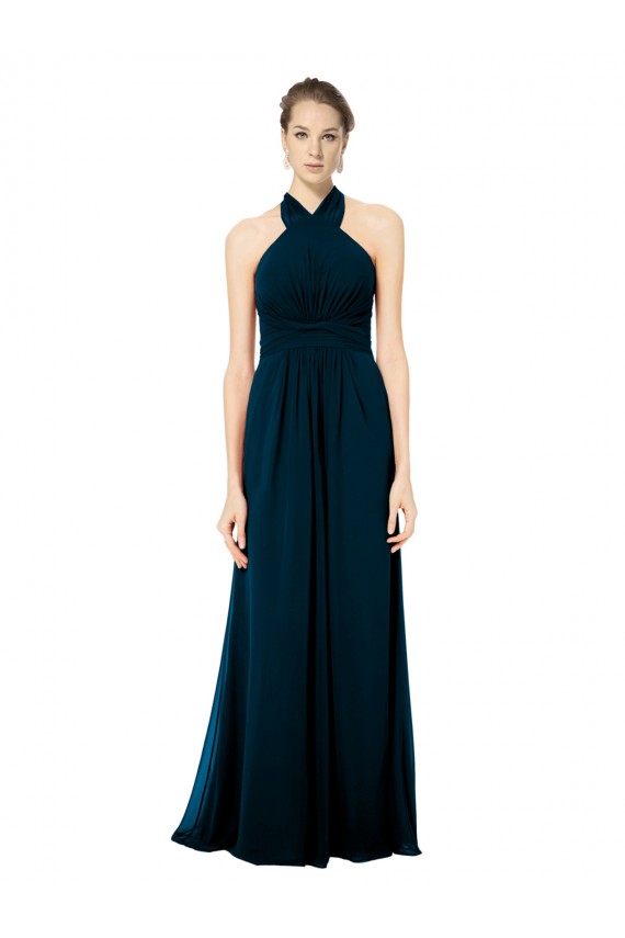 Sem Mangas Cabeçada Chiffon Verde Meia-Noite Comprimento Chão Longo Vestidos de Madrinha Mais Barato