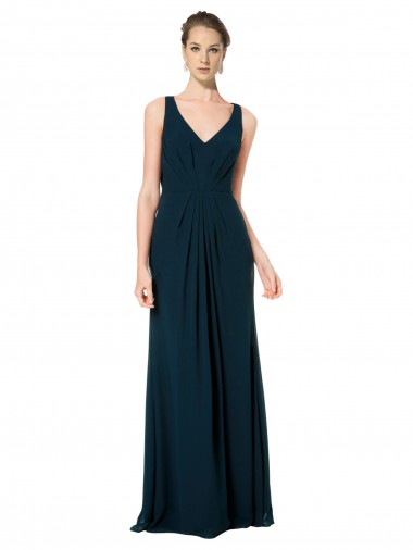Sem Mangas Decote V Chiffon Verde Meia-Noite Comprimento Chão Vestidos de Madrinha Mais Barato