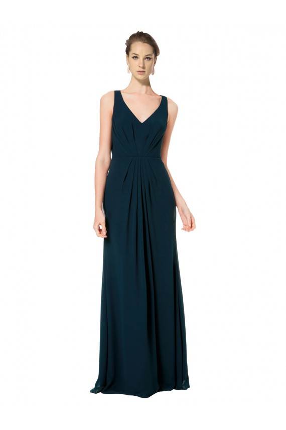 Sem Mangas Decote V Chiffon Verde Meia-Noite Comprimento Chão Vestidos de Madrinha Mais Barato