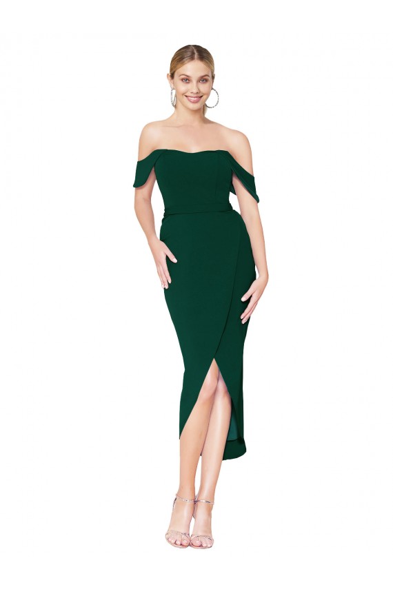 Sem Mangas Decote Alto Crepe Esticado Verde Meia-Noite Alto Baixo Vestidos de Madrinha / Vestidos de Noite / Vestidos de Festa Mais Barato