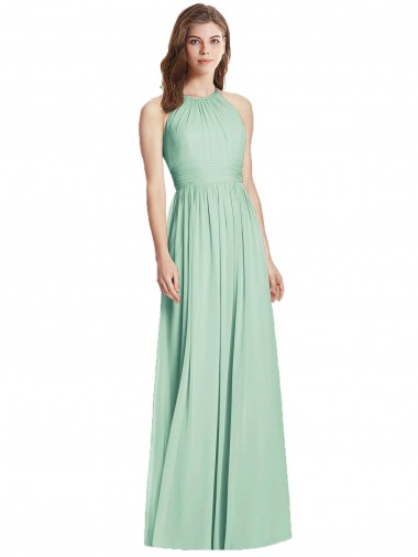 Sem Mangas Cabeçada Chiffon Verde Menta Comprimento Chão Vestidos de Madrinha Mais Barato