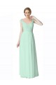 Mangas Curtas Decote V Chiffon & Renda Verde Menta Comprimento Chão Vestidos de Madrinha Mais Barato