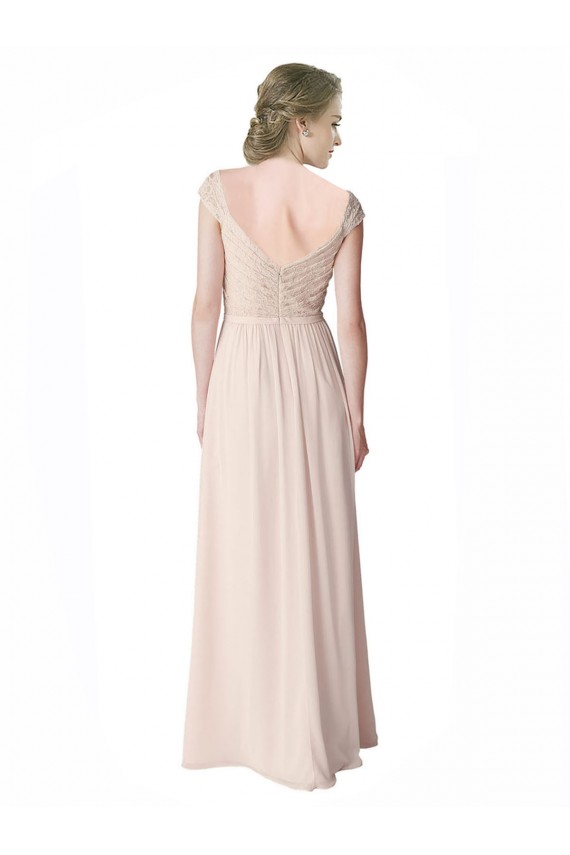 Mangas Curtas Decote V Chiffon & Renda Verde Menta Comprimento Chão Vestidos de Madrinha Mais Barato