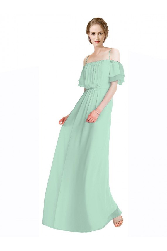 Sem Mangas Alças finas Chiffon Verde Menta Comprimento Chão Vestidos de Madrinha Mais Barato