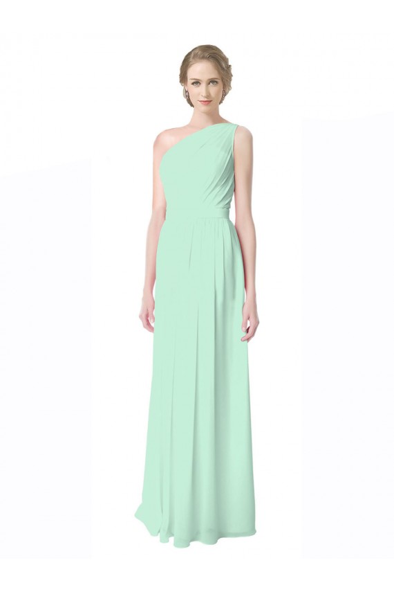 Sem Mangas Um Ombro Chiffon Verde Menta Comprimento Chão Vestidos de Madrinha Mais Barato
