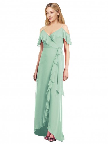 Ombro Frio Decote V Chiffon Verde Menta Alto Baixo Alto Baixo, Vestidos de Madrinha Mais Barato