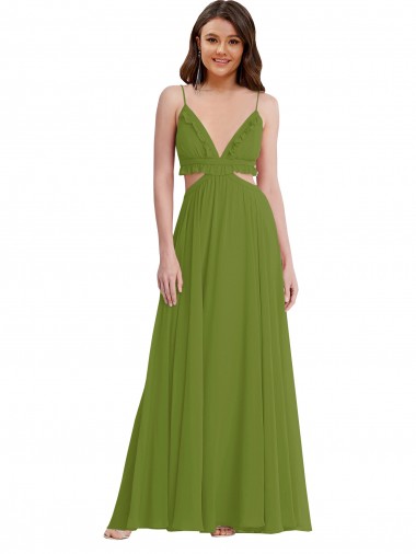Sem Mangas Decote V Chiffon Verde Oliva Comprimento Chão Vestidos de Madrinha Mais Barato