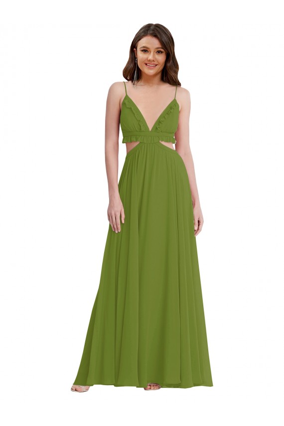 Sem Mangas Decote V Chiffon Verde Oliva Comprimento Chão Vestidos de Madrinha Mais Barato