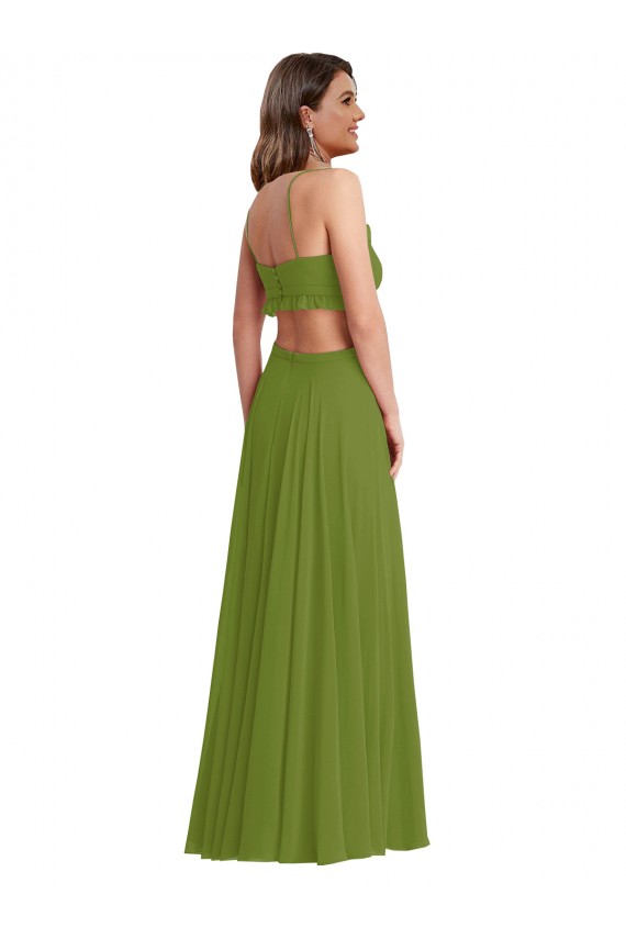 Sem Mangas Decote V Chiffon Verde Oliva Comprimento Chão Vestidos de Madrinha Mais Barato