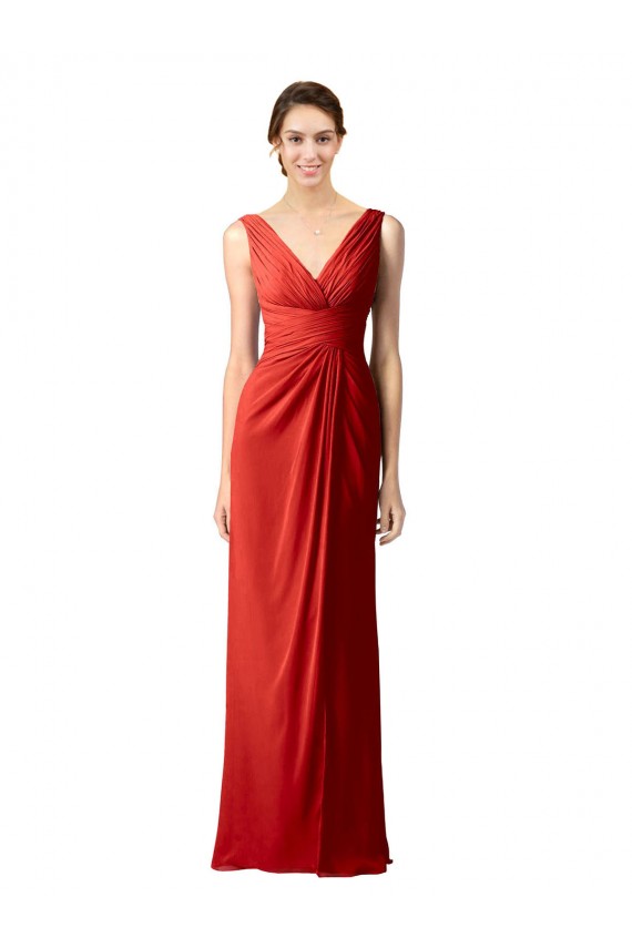 Sem Mangas Decote V Chiffon Vermelho Comprimento Chão Longo Vestidos de Madrinha Mais Barato