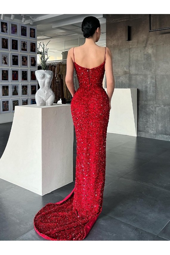 Sem Mangas Decote V Lantejoulas Veludo Vermelho Comboio Varredela Vestidos de Festa Mais Barato