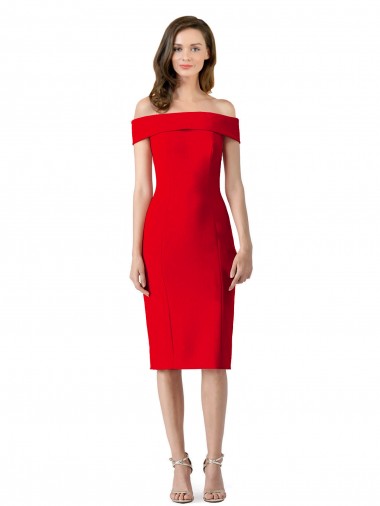 Sem Mangas Fora do Ombro Crepe Esticado Vermelho Comprimento Chá Vestidos de Madrinha / Vestidos de Noite / Vestidos de Festa Mais Barato