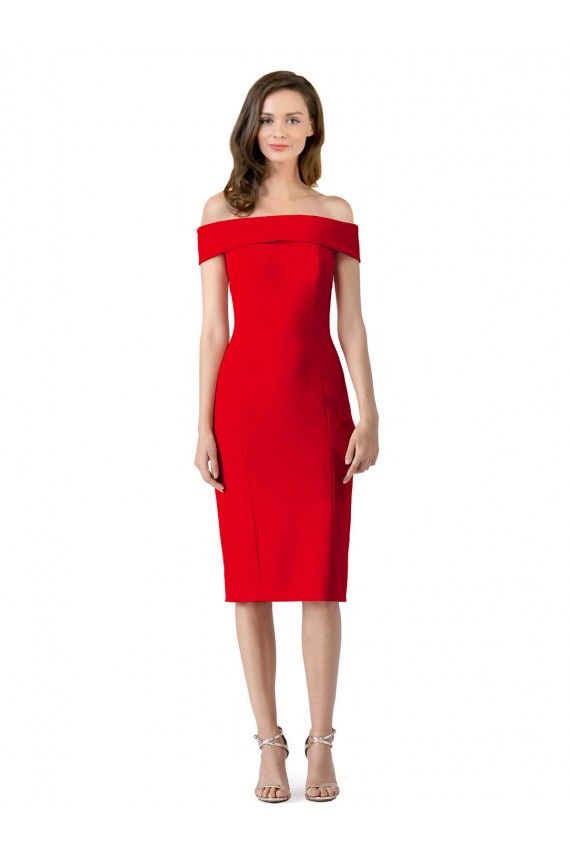 Sem Mangas Fora do Ombro Crepe Esticado Vermelho Comprimento Chá Vestidos de Madrinha / Vestidos de Noite / Vestidos de Festa Mais Barato