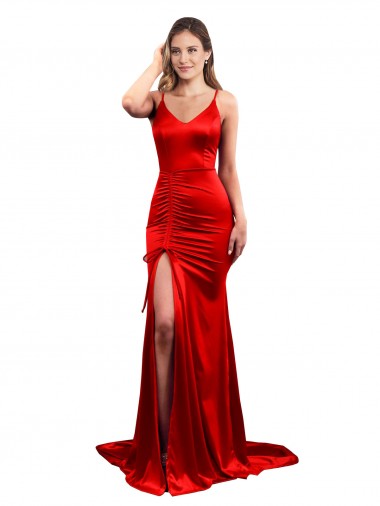 Sem Mangas Amor Cetim Elástico Vermelho Comprimento Chão Vestidos de Madrinha / Vestidos de Baile / Vestidos de Festa Mais Barato