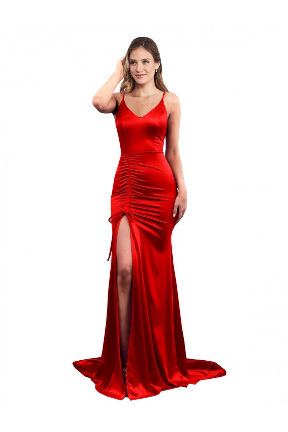 Sem Mangas Amor Cetim Elástico Vermelho Comprimento Chão Vestidos de Madrinha / Vestidos de Baile / Vestidos de Festa Mais Barato