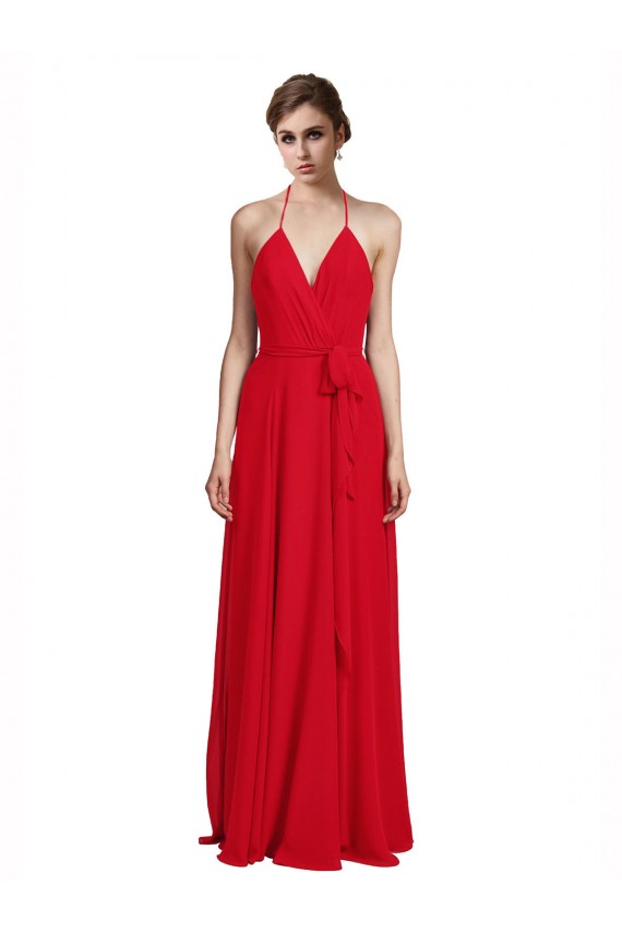 Sem Mangas Decote V Chiffon Vermelho Comprimento Chão Vestidos de Madrinha Mais Barato
