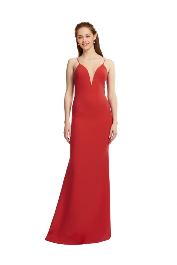 Sem Mangas Decote V Crepe Esticado Vermelho Comprimento Chão Vestidos de Madrinha / Vestidos de Noite / Vestidos de Festa Mais Barato