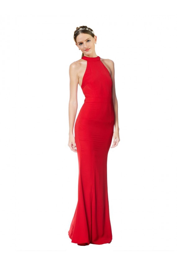 Sem Mangas Decote Alto Crepe Esticado Vermelho Comprimento Chão Vestidos de Noite / Vestidos de Festa Mais Barato