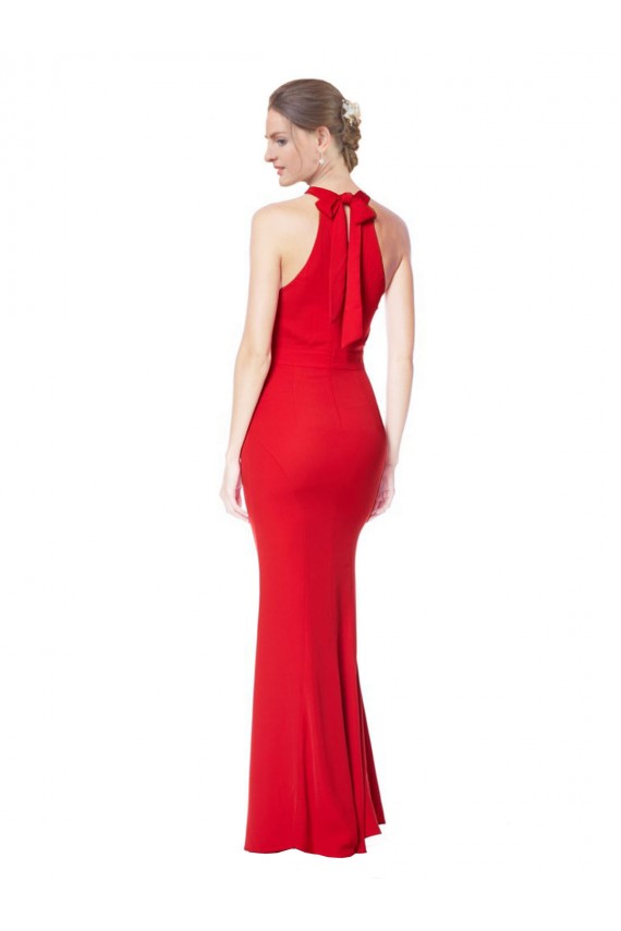 Sem Mangas Decote Alto Crepe Esticado Vermelho Comprimento Chão Vestidos de Noite / Vestidos de Festa Mais Barato