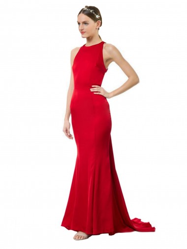 Sem Mangas Decote Alto Crepe Esticado Vermelho Comprimento Chão Longo Vestidos de Madrinha / Vestidos de Festa Mais Barato