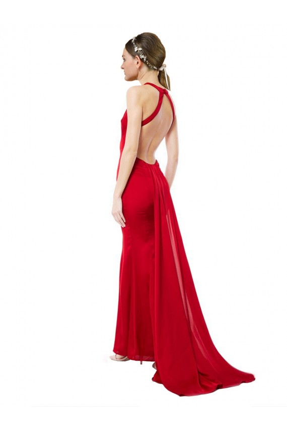 Sem Mangas Decote Alto Crepe Esticado Vermelho Comprimento Chão Longo Vestidos de Madrinha / Vestidos de Festa Mais Barato