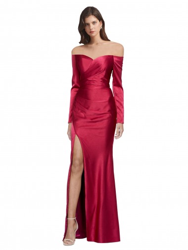 Mangas Compridas Amor Cetim Elástico Vermelho Escuro Comprimento Chão Vestidos de Madrinha / Vestidos de Noite / Vestidos de Festa Mais Barato